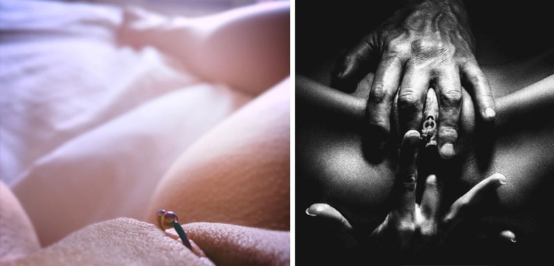 Erotic image featuring a clitoral piercing
