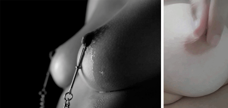 Nipple clamps on nipples to encourage nipplegasms