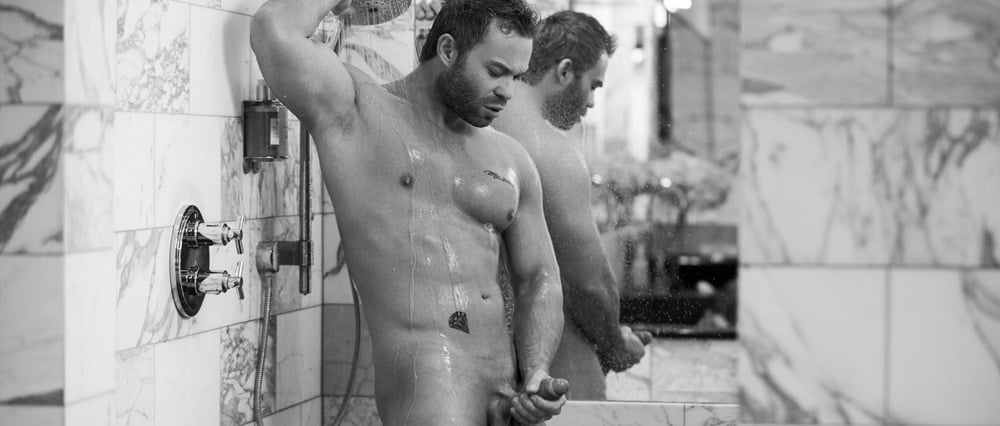 Hot naked guy enjoys a sexy shower wank