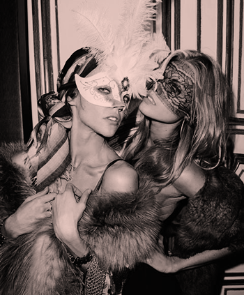 Erotic image of women at female only sex club in masks