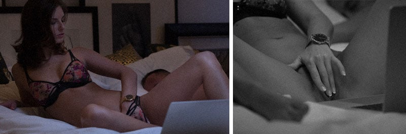 Woman masturbates in bed while watching porn to help stimulate herself