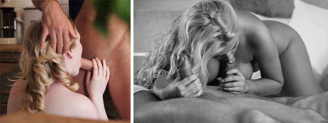 Black and white image of a sexy girl giving a blow job and wanking another cock