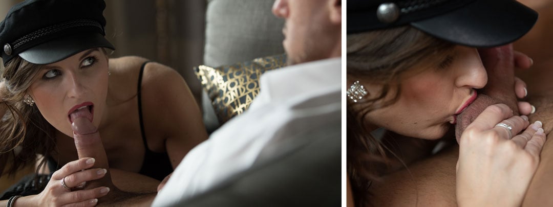 Girl with sultry look giving a man a sexy erotic blow job