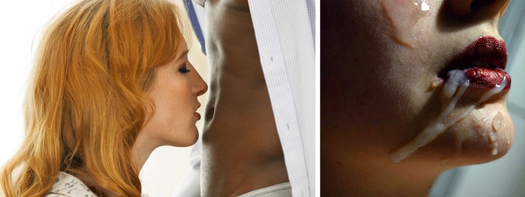 Redhead woman kissing black man's stomach before giving him a blow job
